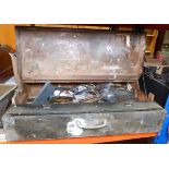 Wooden toolbox with various tools to include saws, set squares, planes etc. together with a lawn