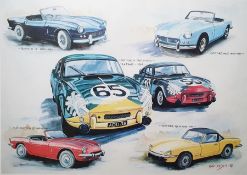 Framed Andy Danks print featuring iconic Triumph Spitfire cars, c1991, limited edition 299/300,