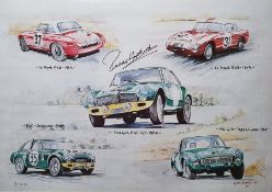 Framed Andy Danks print featuring Paddy Hopkirk signature and iconic MG Cars, limited edition 277/