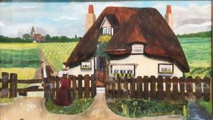Painted glass panel depicting a courting couple outside of a cottage, unsigned