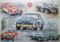 Framed Andy Danks print featuring iconic MG Cars, limited edition 39/300, signed lower right, 63cm x