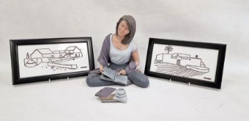Two Manrique Lanzarote tile pictures and Spanish 'Elisa' resin figure of girl seated with books