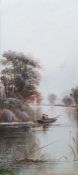 E. Hall Watercolour heightened with white River scene with figures on boat, signed lower left,