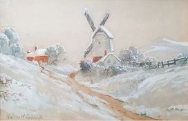 Walter W. Goddard Watercolour Winter scene with windmill, signed lower left together with assorted