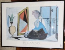 Assorted framed prints and posters and three Eastern needlework pictures (6)