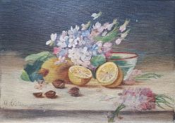 A. Listen Oil on board Still life study of flowers and a lemon, signed lower left (24cm x 35cm)