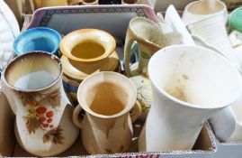 Prinknash brown glazed jug with five cups, a smaller jug, a vase, a set of six Prinknash cups and