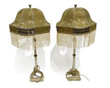 Pair of grey painted wood tall table lamps with a pair of matching shades, approx. 60cm tall (2)