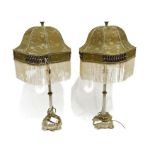 Pair of grey painted wood tall table lamps with a pair of matching shades, approx. 60cm tall (2)