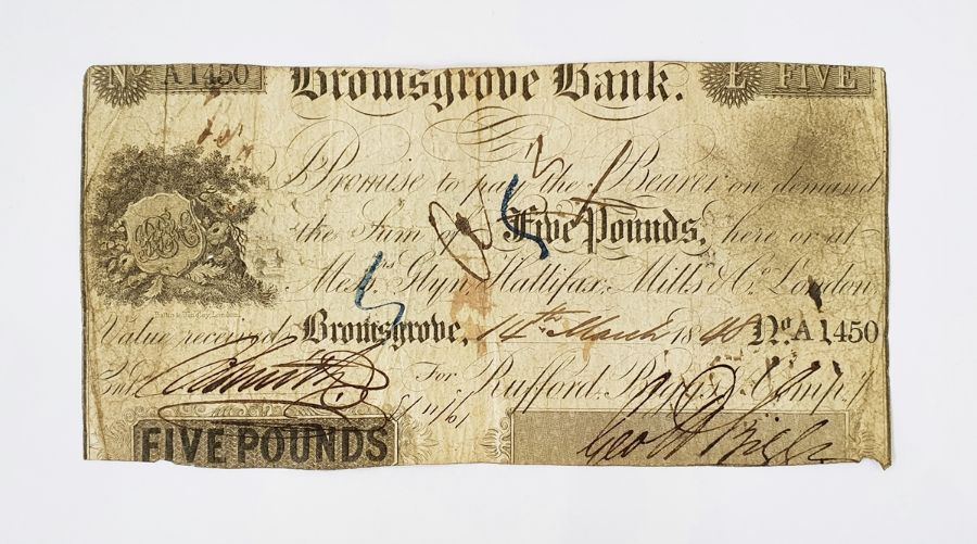 Five pound note issued @ Bromsgrove Bank, 14th March 1848 Serial No. A1450.  Cashiers signature s