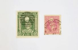 India:  Orchha Fuedatory State 8 anna magenta 1939-1942 issue SG41 and 1R grey-green SG42,
