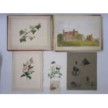 Watercolour album with red and gilt leather binding, topographical views and other and a Victorian