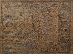 John Speede Map of Wales 1610, very stained, framed and  Egyptian-style reproduction papyrus