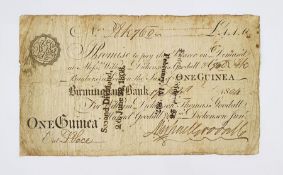 One Guinea Bank Note, issued @ Birmingham Bank, 1804, note containing cashier's signatures,