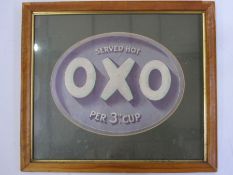 OXO advertising print, the purple and white oval OXO sign inscribed 'Served Hot OXO Per 3d.cup',