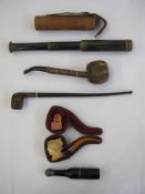 Small brass four-draw telescope with leather case, a Meerschaum silver and amber pipe in the form of
