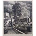 George Mackley Woodcut "The Ferry", 46/75, signed and titled in pencil in margin, framed, approx.