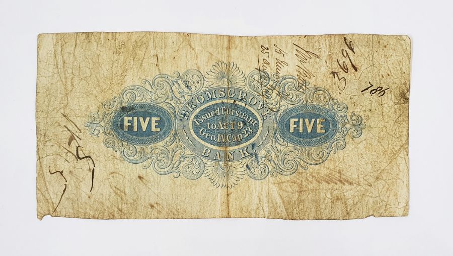 Five pound note issued @ Bromsgrove Bank, 14th March 1848 Serial No. A1450.  Cashiers signature s - Image 2 of 2