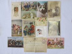 Quantity Edwardian and later postcards and greetings cards to include German cat 'squeaker' postcard