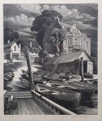George Mackley Woodcut "The Ferry", 46/75, signed and titled in pencil in margin, framed, approx.