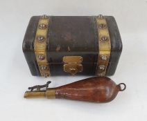 19thC Leather-studded casket with leather and brass powder flask