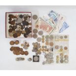 Box containing 19th Century World Coins together with Nickel-ware, some Bank Notes (poor condition)