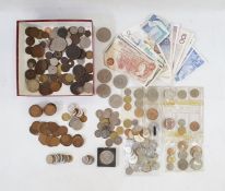 Box containing 19th Century World Coins together with Nickel-ware, some Bank Notes (poor condition)