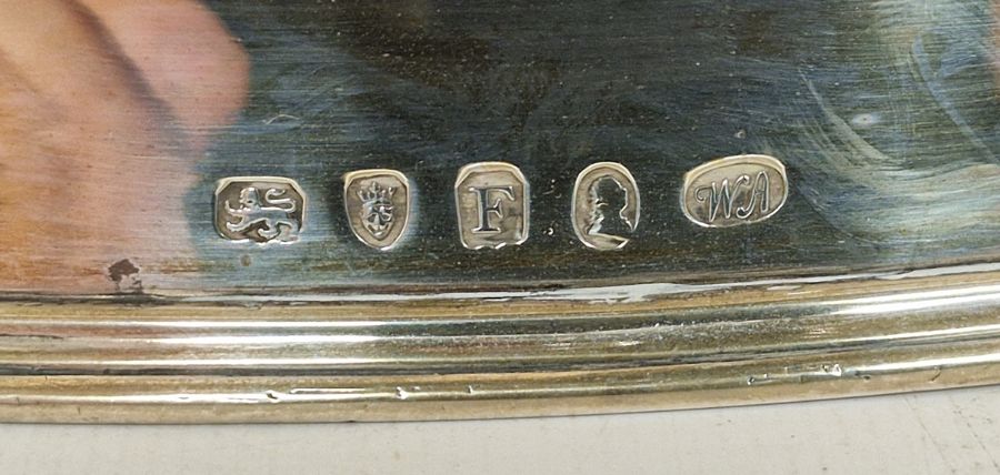 George III silver swing-handled cake basket of navette form, armorial to the centre, William Allen - Image 2 of 11