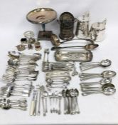 Quantity of EPNS to include Old English and Fiddle pattern table flatware, soup ladle, teapot and