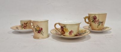 Royal Worcester porcelain cabinet cup and saucer, the blush ground floral spray painted, three other