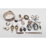Silver bangle, buckle-pattern and engine-turned, silver earrings, brooches and other jewellery