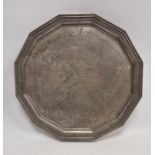 George V silver waiter of dodecagon form, raised on four feet, with inscription 'Presented to Ronald