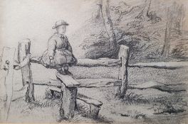 Jonathan Pratt (1835-1911) Pencil, heightened with white Young girl sitting on a fence, unsigned,