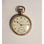 Gentleman's open-faced gold-plated pocket watch, the enamel dial with Arabic numerals and subsidiary