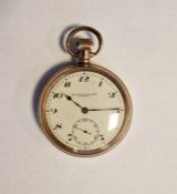 Gentleman's open-faced gold-plated pocket watch, the enamel dial with Arabic numerals and subsidiary