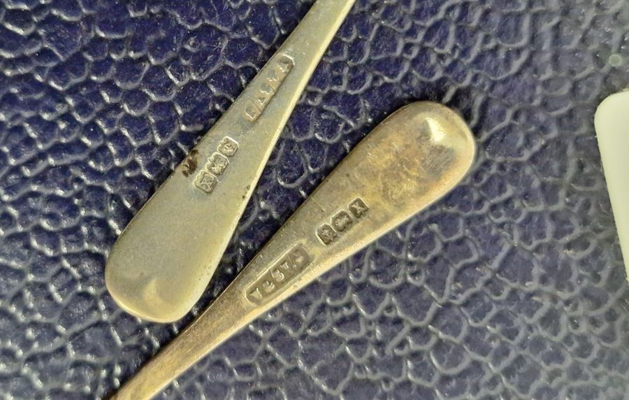Small quantity of various silver teaspoons and mustard spoons, a cased set of electroplated - Image 8 of 9