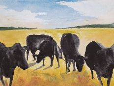 20th century school Acrylic on canvas Cows in a field, unsigned, 46cm x 61cm