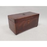 19th century mahogany tea caddy, two-section interior with glass mixing bowl, on squat bun feet,