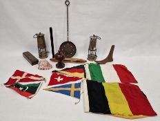 Two miners safety lamps, a loom shuttle, flags, a chestnut toaster and other miscellaneous items (