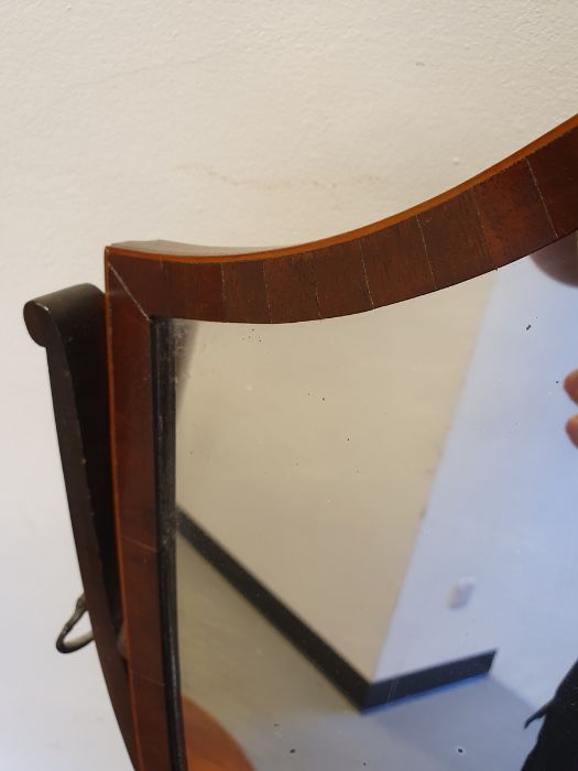 19th century mahogany shield-shaped dressing mirror with three drawers to the bowfront base, on ogee - Image 6 of 20