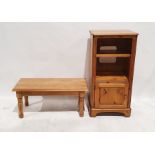 Modern pine cabinet, the rectangular top with moulded edge, rounded front corners, shelf above