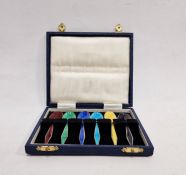 Set of six silver-gilt and harlequin enamel coffee spoons, Birmingham 1970, each with guilloche