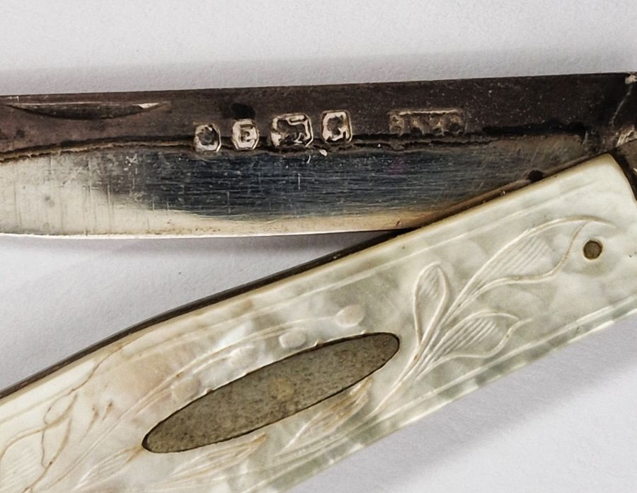 Two silver-plated and mother-of-pearl handled folding fruit knives, further folding silver-handled - Image 5 of 6