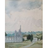Kenneth Pengelly Two watercolours and a pencil sketch Ruined cathedral, castle and study of an