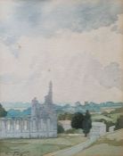 Kenneth Pengelly Two watercolours and a pencil sketch Ruined cathedral, castle and study of an