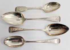 Four assorted Georgian and Victorian silver spoons, various dates and markers, 7.4ozt (4)