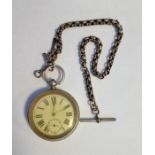 White metal open-faced gentleman's pocket watch, the enamel dial with Roman numerals and