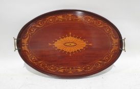Oval mahogany and inlaid tray with brass handles, 67cm x 44cm