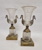 Pair of 19th century French Empire Neoclassical urn shaped vases, brass mounted with hobnail cut