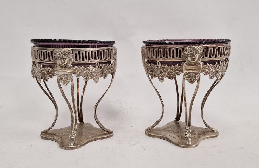 Pair of continental silver-coloured footed pedestal dishes and glass liners, each engraved